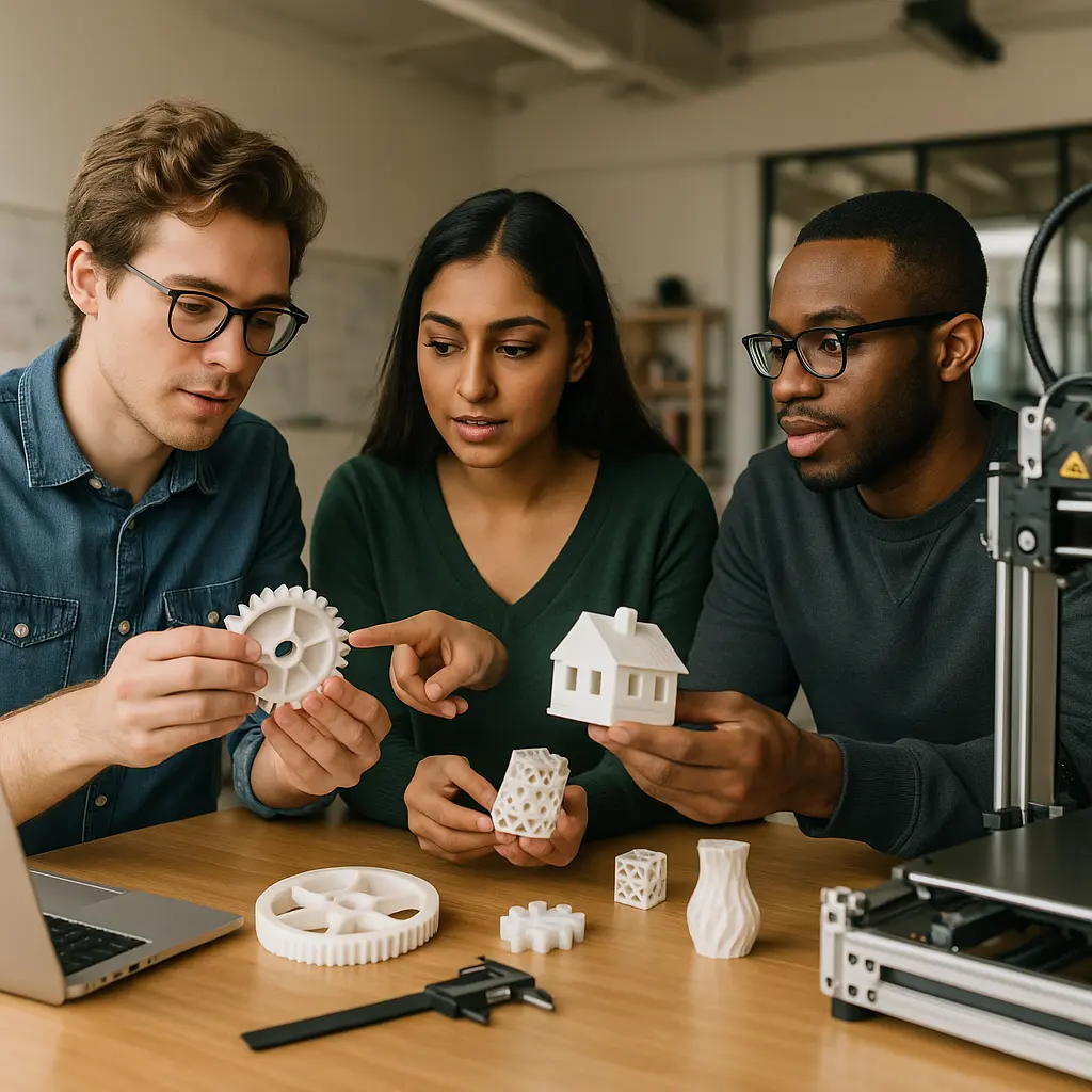 students, engineers with 3d models
