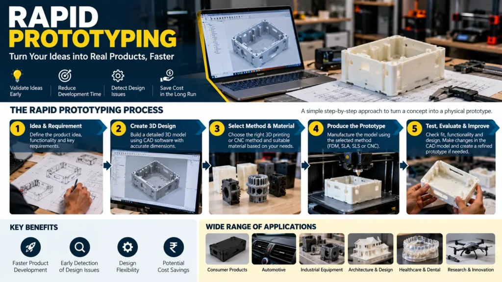 Rapid prototyping infographic showing CAD design, material selection, 3D printing, prototype testing and applications.